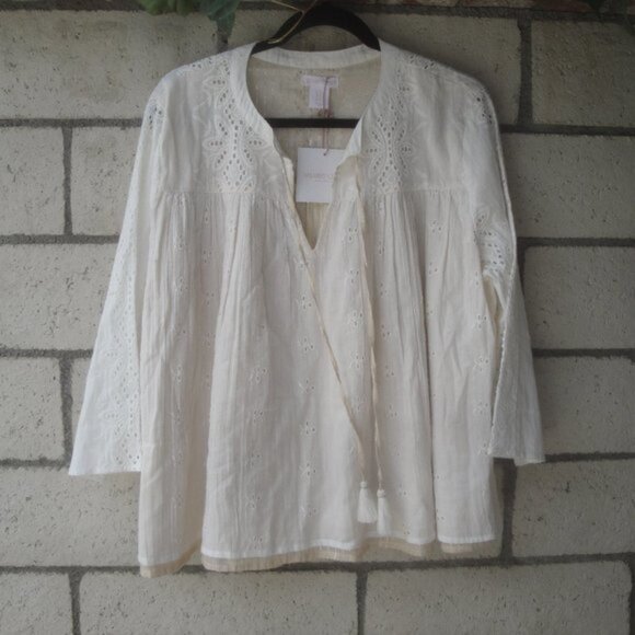 NEW Shabby Chic Women's Size XL Cotton Peasant Blouse Cream Eyelet Long Sleeve - Picture 5 of 7